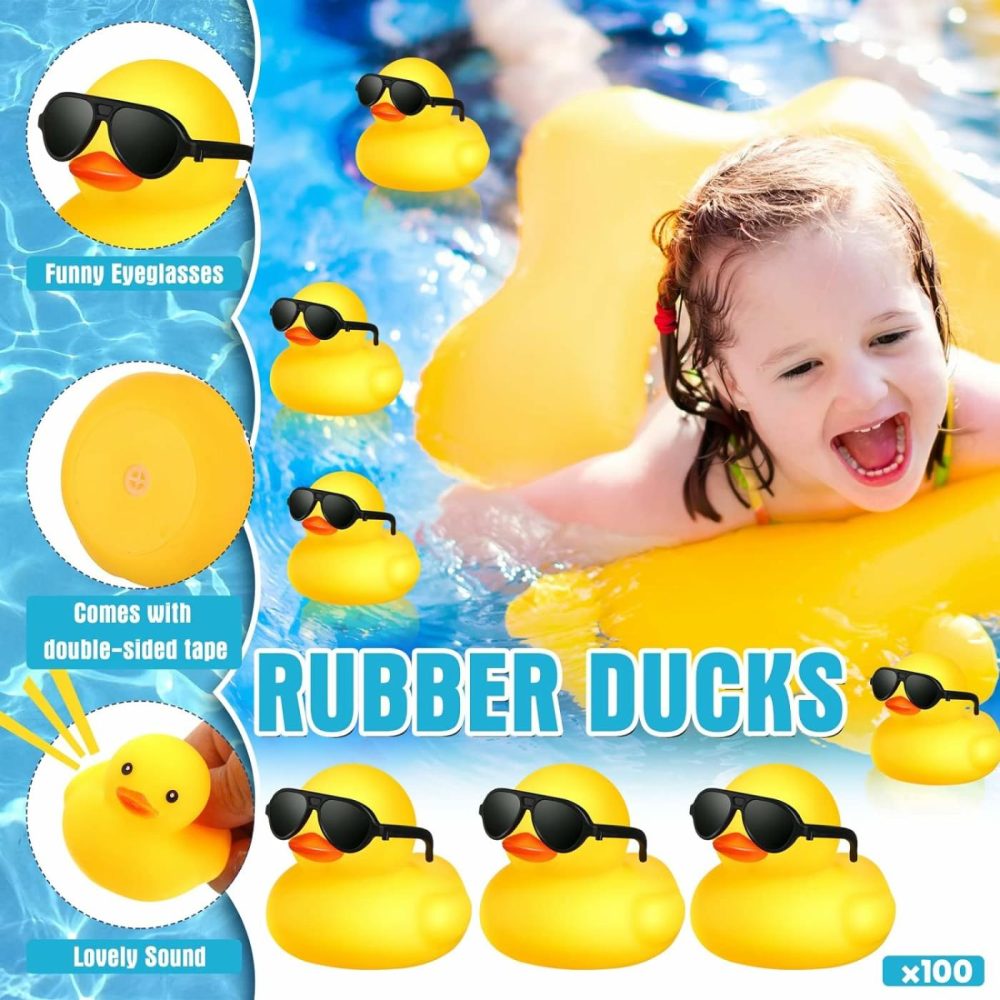 100 Pcs Yellow Rubber Ducks In Bulk With 100 Sunglasses  Valentine’s Day Mini Ducks Tiny Float Squeak Bathtub Bath Toys For Kids Gift Baby Shower Birthday Party Supplies Prize Rewards  |  Bath Toys All Toys Bath Toys