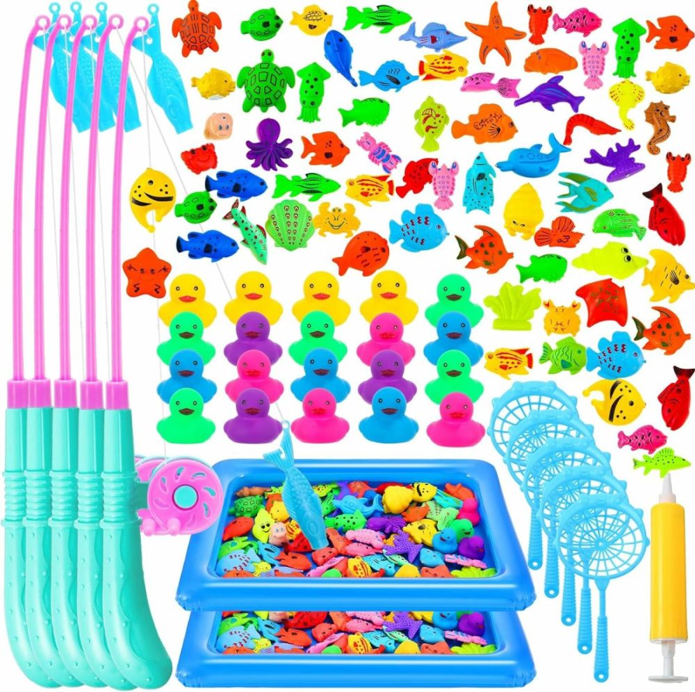 106 Pcs Magnetic Fishing Toys Game Set For Kids 3-6  Includes Fishing Poles  Fish Tanks  Fish Nets  Inflatable Pump  Sea Animals And Rubber Ducks For 5 Players Gifts Summer Pool Party Bath Toys  |  Bath Toys All Toys Bath Toys