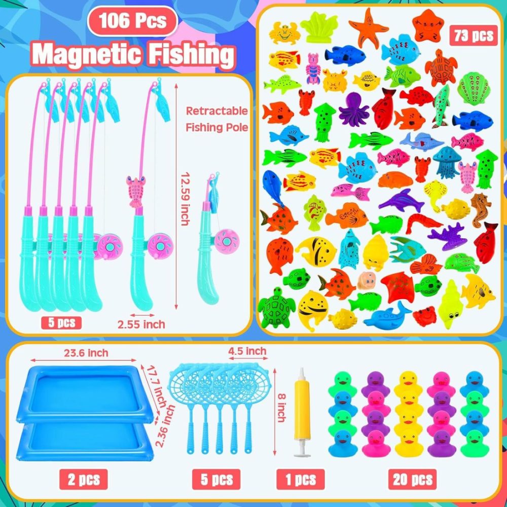 106 Pcs Magnetic Fishing Toys Game Set For Kids 3-6  Includes Fishing Poles  Fish Tanks  Fish Nets  Inflatable Pump  Sea Animals And Rubber Ducks For 5 Players Gifts Summer Pool Party Bath Toys  |  Bath Toys All Toys Bath Toys