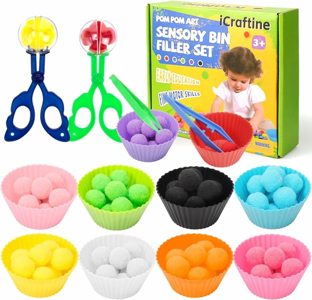 114 Pcs Fine Motor Skills Sensory Bin Filler Includes 10 Sorting Bowls  100 Pom Poms  2 Tweezers  2 Scooper Scissors For Kids Early Education  Counting Sorting Training Development  |  Sorting & Stacking Toys All Toys Sorting & Stacking Toys