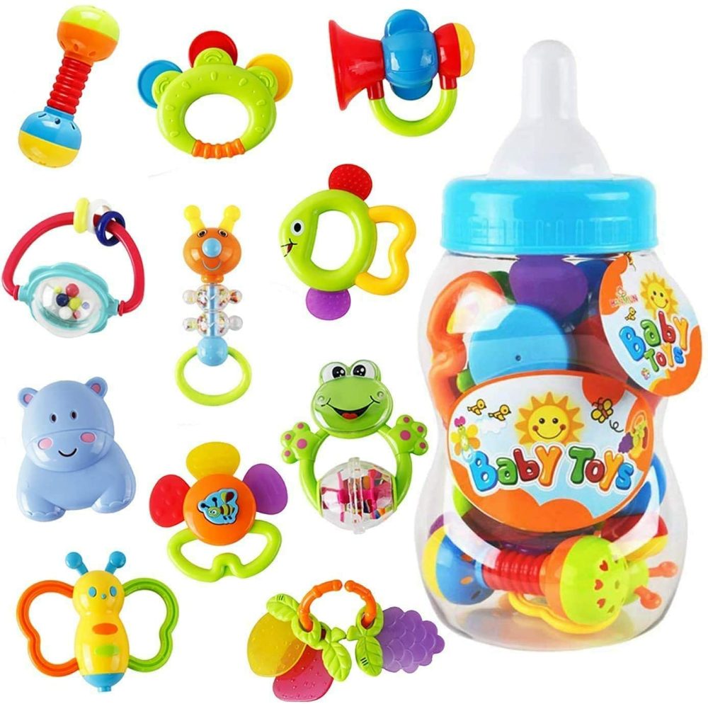 11Pcs Baby Rattles Teethers For Newborn Toys  Gifts For Infants With Hand Development Rattle Toys And Giant Bottle For 0 3 6 9 12 Month Girl And Boy  |  Teethers All Toys Blue