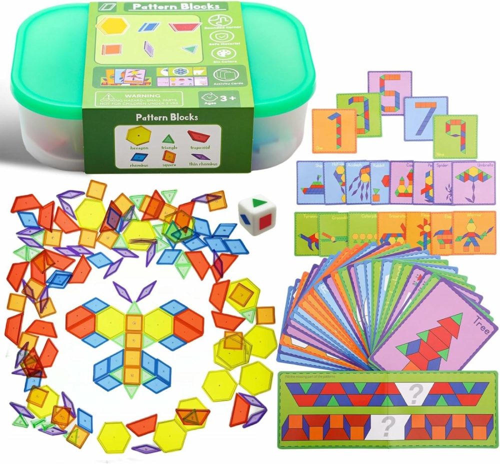 140 Pcs Translucent Pattern Blocks,Geometric Shapes,Translucent Toys,Light Table Accessories And Manipulatives,Includes 46 Activity Cards  |  Sorting & Stacking Toys All Toys Sorting & Stacking Toys