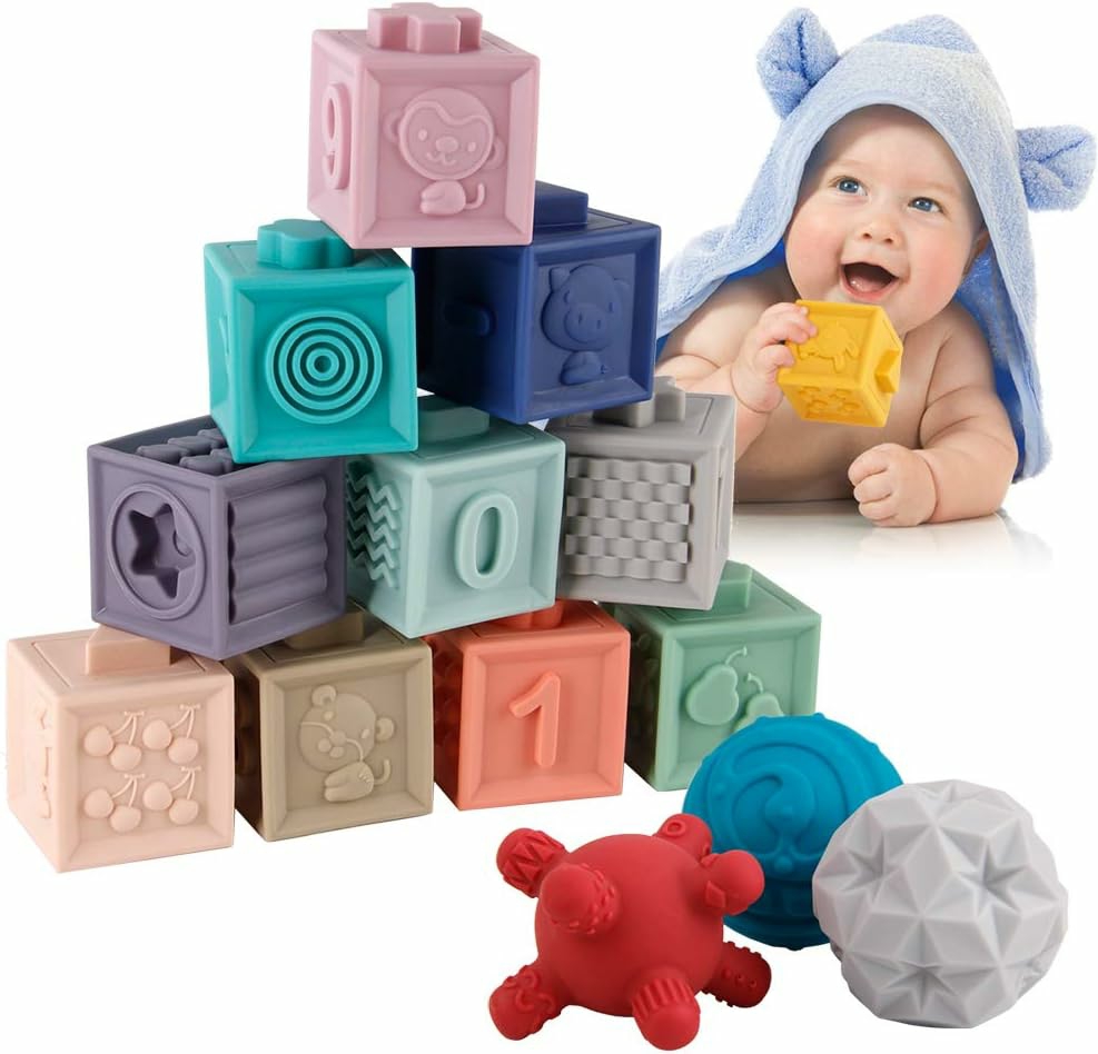 15 Pcs Baby Blocks Toys Soft Stacking Blocks Baby Sensory Ball Teether Infant Bath Toys Squeeze Play With Numbers Shapes Animals Fruit And Textures Toy For Babies Toddlers 6 Months  |  Sorting & Stacking Toys All Toys Random