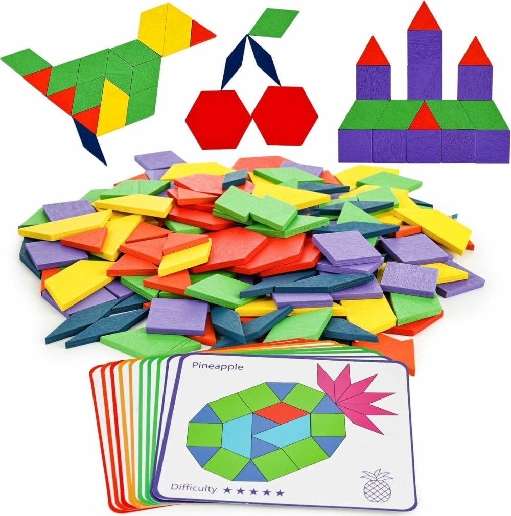 150Pcs Wooden Pattern Blocks  Geometric Shapes Blocks Tangram Puzzles Pattern Blocks With Cards For Kids Educational Tangram Toys  |  Sorting & Stacking Toys All Toys Sorting & Stacking Toys