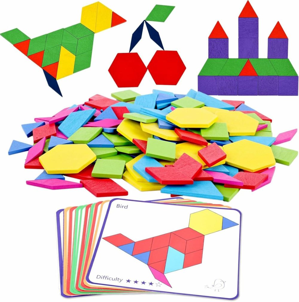 150Pcs Wooden Pattern Blocks  Geometric Shapes Blocks Tangram Puzzles Pattern Blocks With Cards For Kids Educational Tangram Toys  |  Sorting & Stacking Toys All Toys Sorting & Stacking Toys