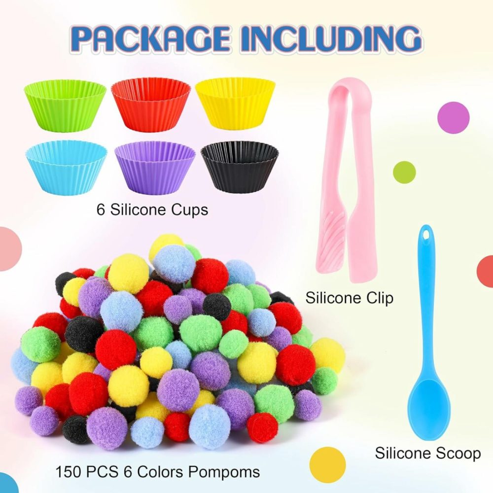 158 Pcs Fine Motor Skills Set – 150 Pom Poms  6 Sorting Bowls  Tweezers  Spoon  Sensory Bin Filler For Preschool Kids Counting  Sorting  Matching Training Activity  |  Sorting & Stacking Toys All Toys Sorting & Stacking Toys