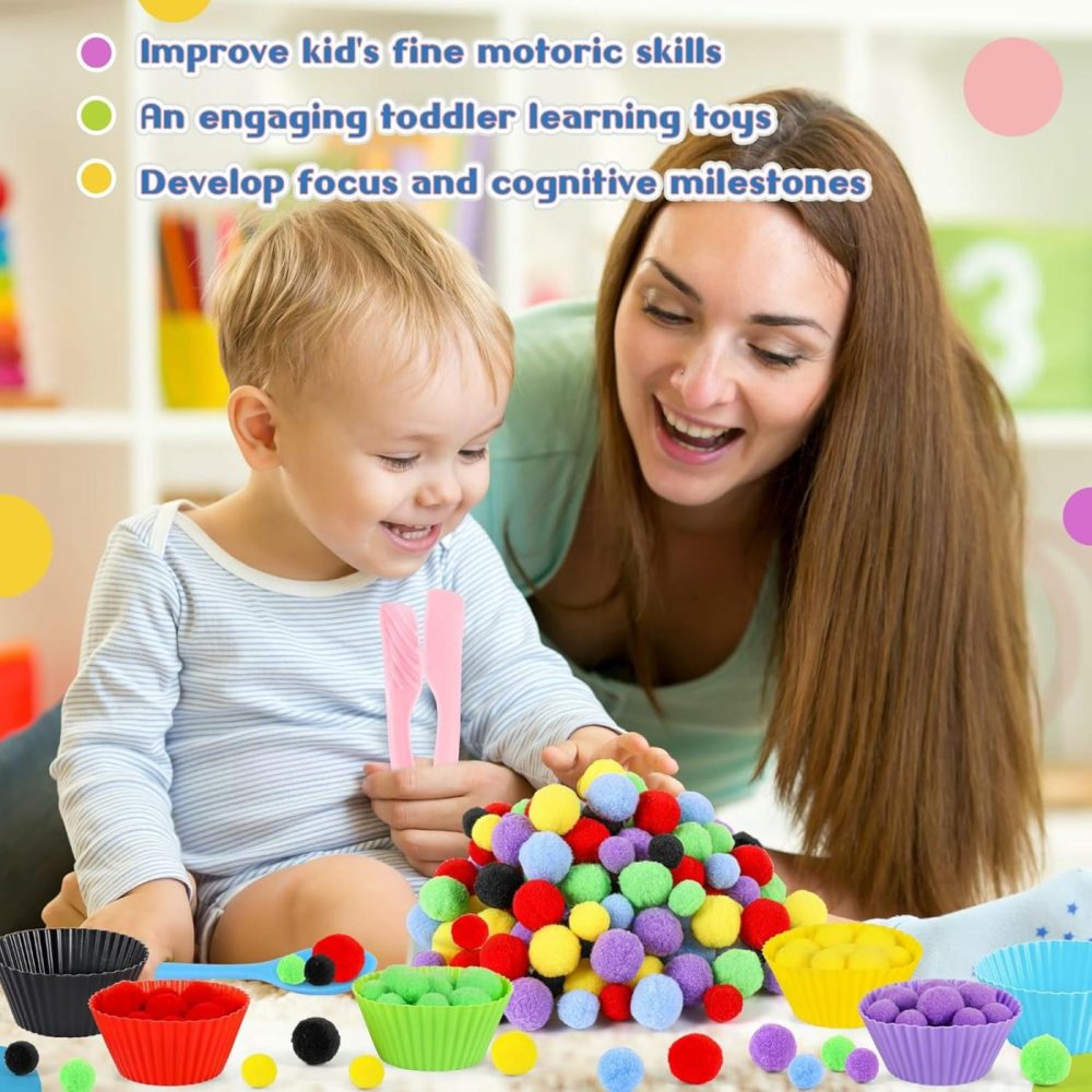 158 Pcs Fine Motor Skills Set – 150 Pom Poms  6 Sorting Bowls  Tweezers  Spoon  Sensory Bin Filler For Preschool Kids Counting  Sorting  Matching Training Activity  |  Sorting & Stacking Toys All Toys Sorting & Stacking Toys