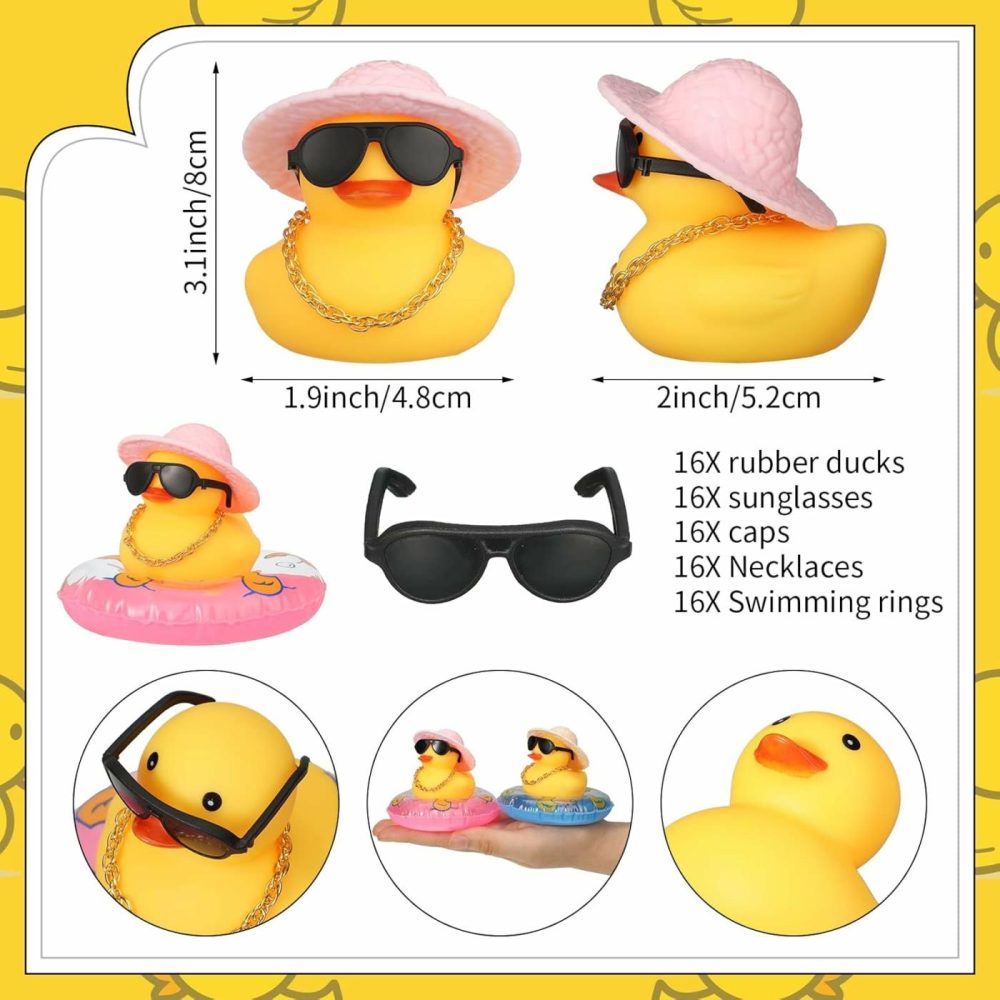 16 Pieces Rubber Ducks Car Duck Decoration Dashboard Decorations Yellow Duck Car Accessories With Mini Hat Swim Ring Necklace Sunglasses For Party Favors  Birthdays  Bath Time  |  Bath Toys All Toys Bath Toys