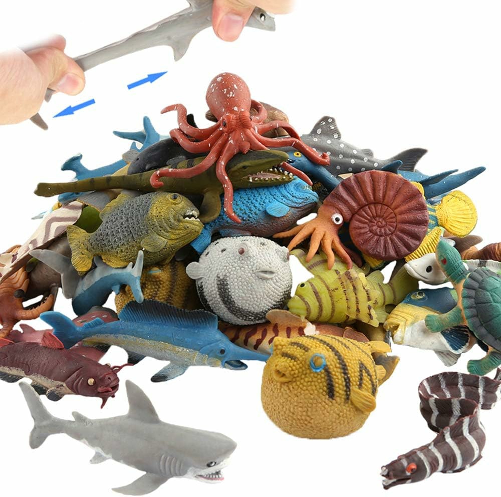 18 Pack Assorted Ocean Animal  Stretchy And Floating Rubber Sea Animals Toy Set  Mini Realistic Under The Sea Life Figure For Toddler Bath Bathtub  Shark Octopus Fish Toys Bulk For Kid Party  |  Bath Toys All Toys Bath Toys