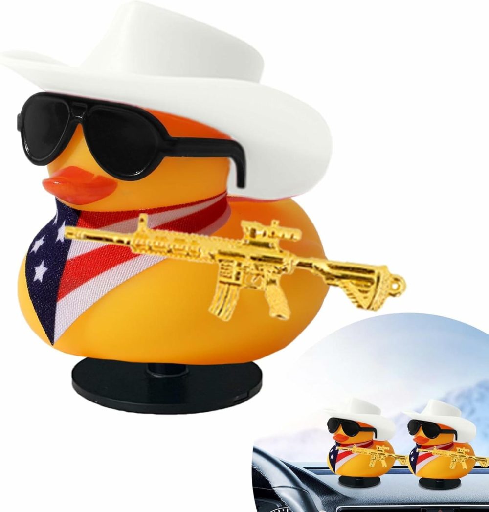 1Pc Ducks For Jeeps  Small Rubber Ducks With White Cowboy Hat,Sunglasses  American Flag Scarf  Gun And Black Base  Jeep Ducks For Ducking For Birthday Party Toys Decorations  |  Bath Toys All Toys Bath Toys