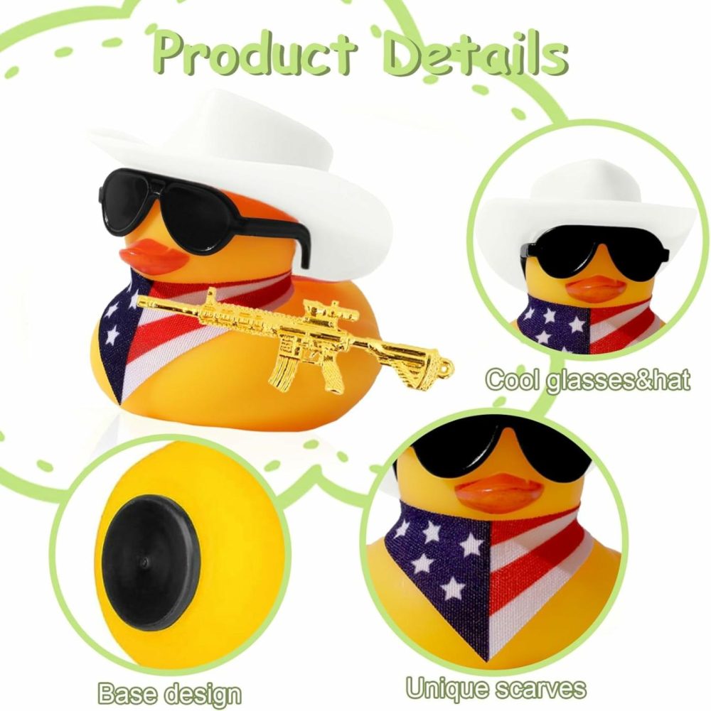 1Pc Ducks For Jeeps  Small Rubber Ducks With White Cowboy Hat,Sunglasses  American Flag Scarf  Gun And Black Base  Jeep Ducks For Ducking For Birthday Party Toys Decorations  |  Bath Toys All Toys Bath Toys