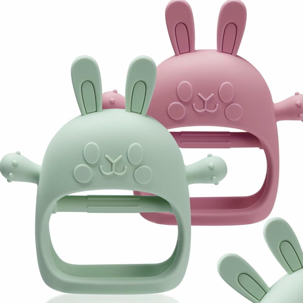 2 Packs Bunny Teething Toys For Babies 0-6 Months,Never Drop Teether For 6-12 Months,100% Food-Grade Silicone Teething Mitten For Babies,Teething Relief For Boys Girls,Bpa Free  Red&Green  |  Teethers All Toys Teethers