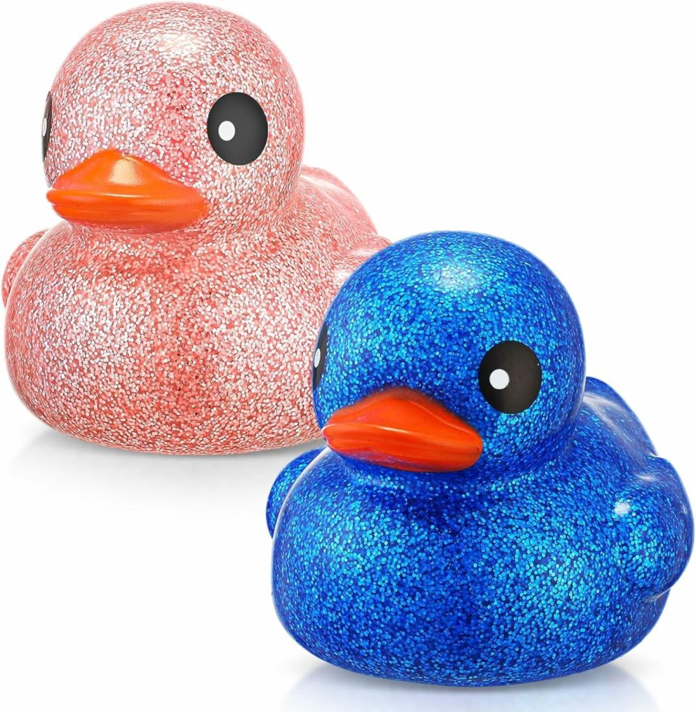 2 Pcs 6.89 Inch Giant Glitter Rubber Ducks Big Rubber Ducky Jumbo Sparkly Duck Bathtub Toys With Squeaky Sound For Baby Shower Summer Beach Pool Activity Birthday Gift (Glitter,Blue  Pink)  |  Bath Toys All Toys Bath Toys