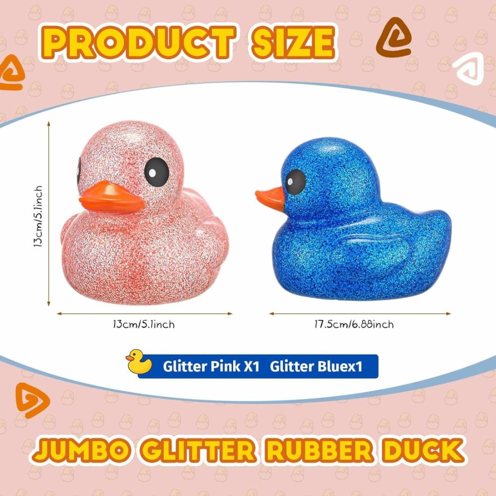 2 Pcs 6.89 Inch Giant Glitter Rubber Ducks Big Rubber Ducky Jumbo Sparkly Duck Bathtub Toys With Squeaky Sound For Baby Shower Summer Beach Pool Activity Birthday Gift (Glitter,Blue  Pink)  |  Bath Toys All Toys Bath Toys