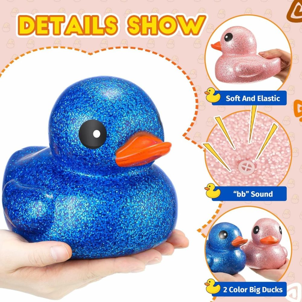 2 Pcs 6.89 Inch Giant Glitter Rubber Ducks Big Rubber Ducky Jumbo Sparkly Duck Bathtub Toys With Squeaky Sound For Baby Shower Summer Beach Pool Activity Birthday Gift (Glitter,Blue  Pink)  |  Bath Toys All Toys Bath Toys