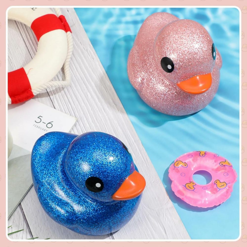 2 Pcs 6.89 Inch Giant Glitter Rubber Ducks Big Rubber Ducky Jumbo Sparkly Duck Bathtub Toys With Squeaky Sound For Baby Shower Summer Beach Pool Activity Birthday Gift (Glitter,Blue  Pink)  |  Bath Toys All Toys Bath Toys