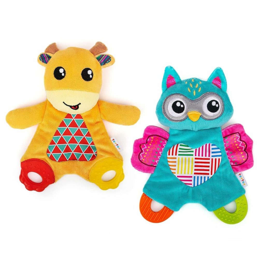 2 Pcs Crinkle Toys For Baby With Teether  Baby Teething Sensory Toys Newborn Bib Saliva Soother Towel  Soft Snuggle Sleeping Security Blanket For Unisex Babies 0-36 Months Gifts(Owl And Deer)  |  Teethers All Toys Owl & Deer