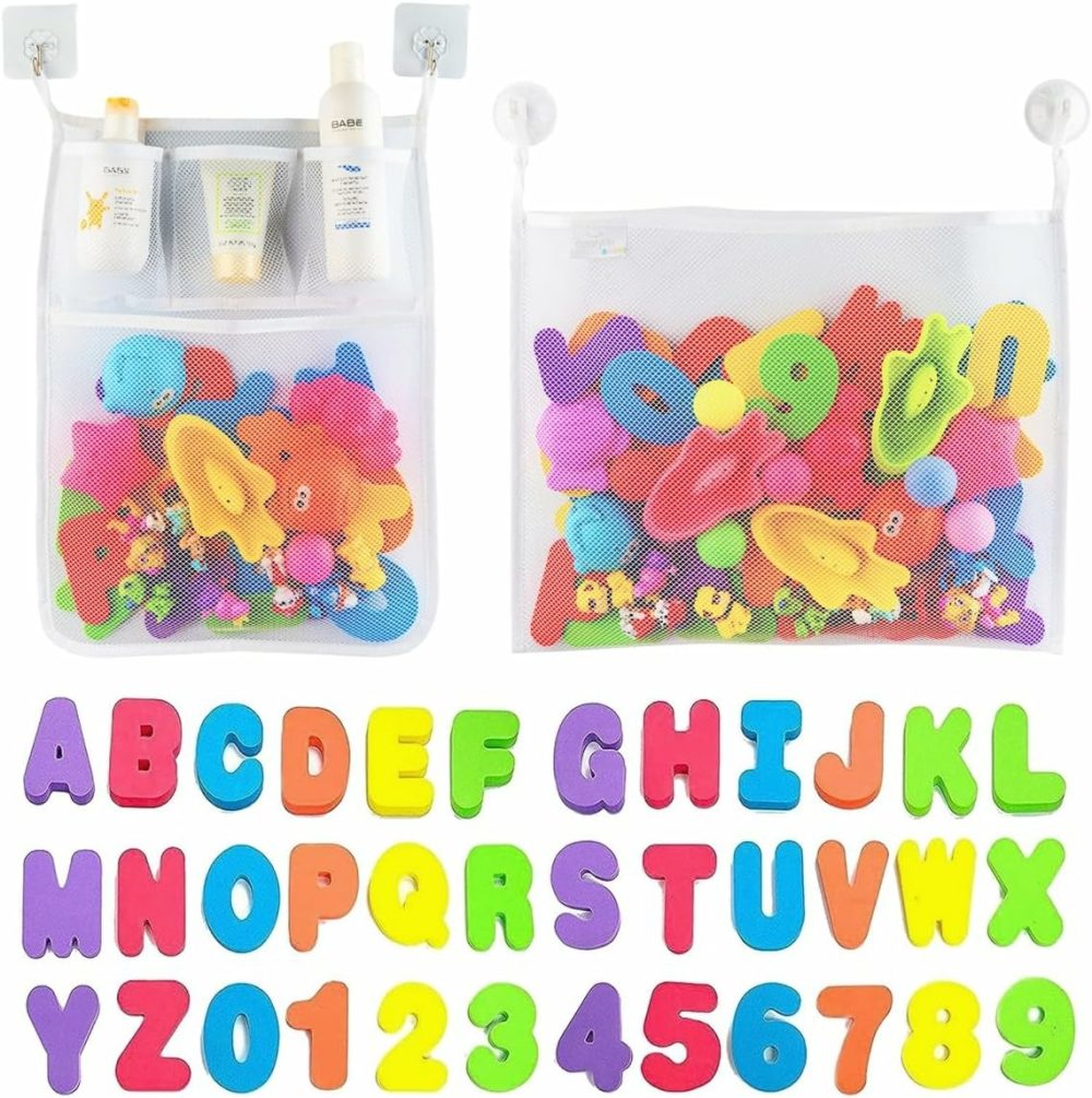 2 X Mesh Bath Toy Organizer + 6 Ultra Strong Hooks + 36 Bath Letters & Numbers – Eco-Safe  Fun  Educational Foam Letters And Perfect Toy Storage Net For Baby Bath Toys & More  |  Bath Toys All Toys Bath Toys