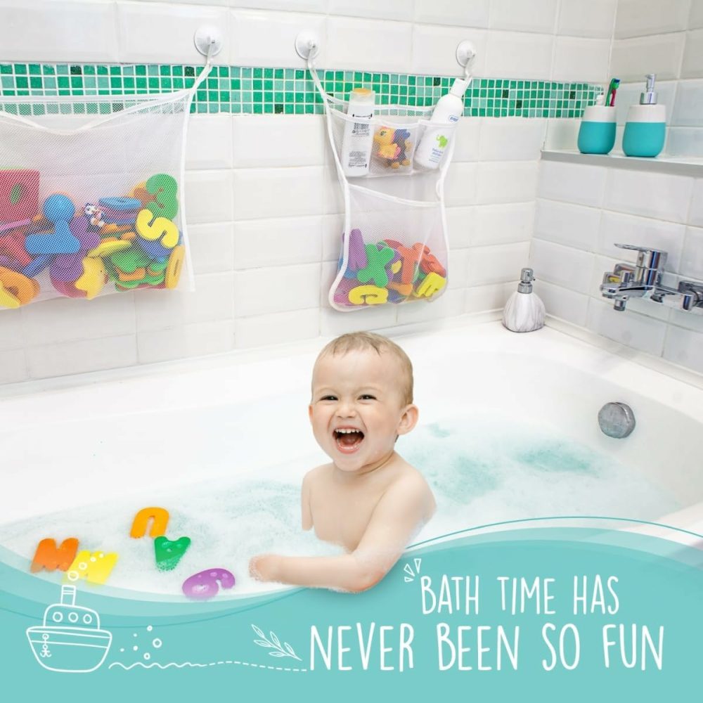 2 X Mesh Bath Toy Organizer + 6 Ultra Strong Hooks + 36 Bath Letters & Numbers – Eco-Safe  Fun  Educational Foam Letters And Perfect Toy Storage Net For Baby Bath Toys & More  |  Bath Toys All Toys Bath Toys