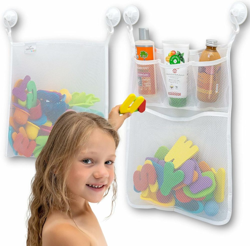 2 X Mesh Bath Toy Organizer + 8 Ultra Strong Hooks – The Perfect Bathtub Toy Holder & Bathroom Or Shower Caddy – These Multi-Use Net Bags Make Baby Bath Toy Storage Easy – For Kids & Toddlers  |  Bath Toys All Toys Bath Toys