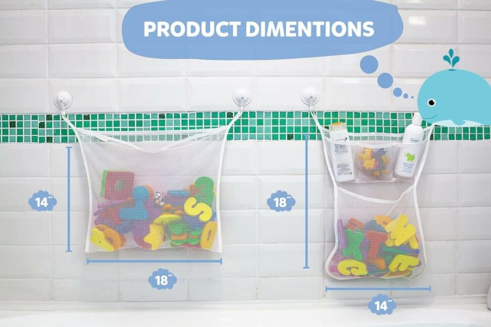 2 X Mesh Bath Toy Organizer + 8 Ultra Strong Hooks – The Perfect Bathtub Toy Holder & Bathroom Or Shower Caddy – These Multi-Use Net Bags Make Baby Bath Toy Storage Easy – For Kids & Toddlers  |  Bath Toys All Toys Bath Toys