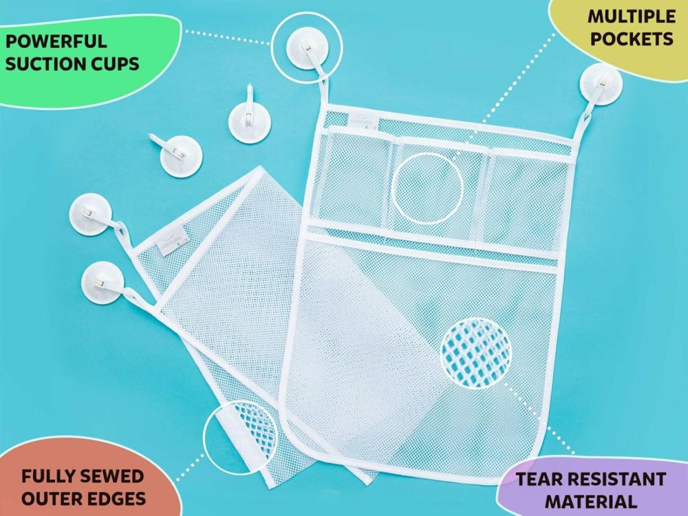 2 X Mesh Bath Toy Organizer + 8 Ultra Strong Hooks – The Perfect Bathtub Toy Holder & Bathroom Or Shower Caddy – These Multi-Use Net Bags Make Baby Bath Toy Storage Easy – For Kids & Toddlers  |  Bath Toys All Toys Bath Toys