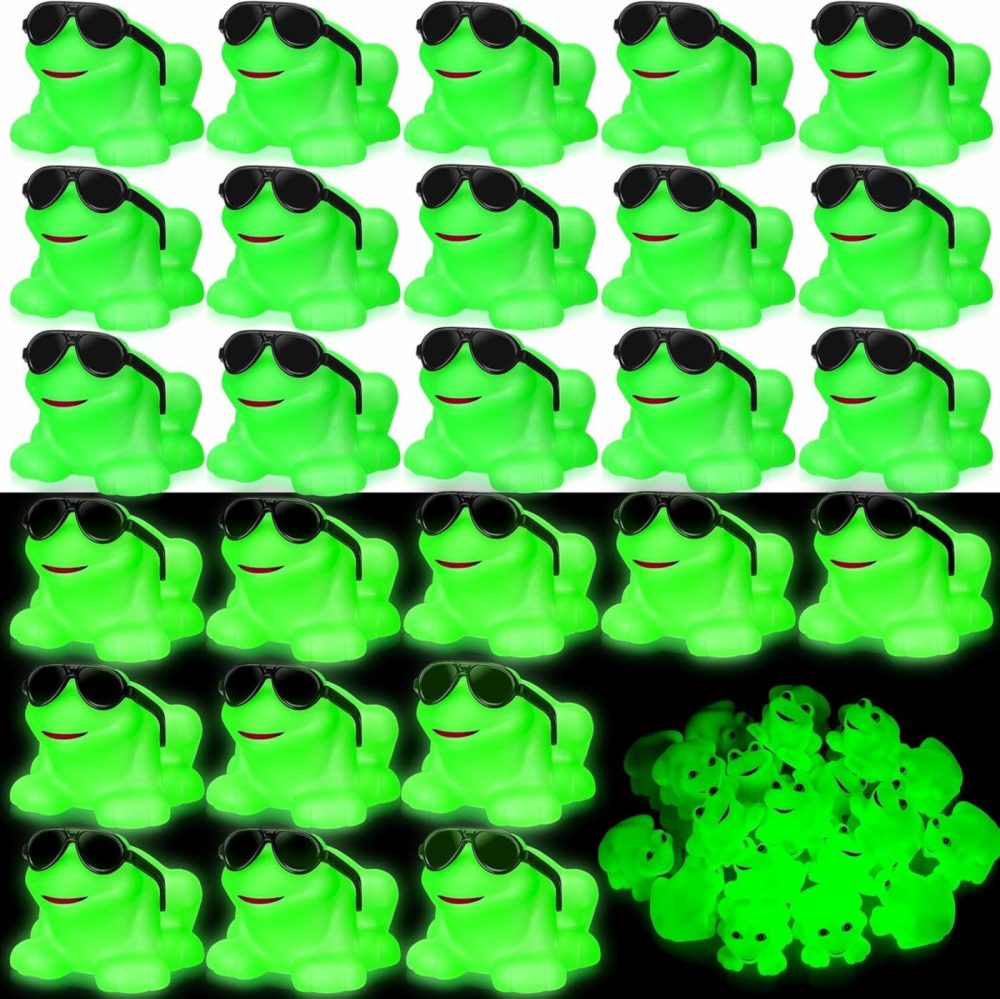 24 Pack Rubber Frogs With Sunglasses Glow In The Dark Mini Floating Squeak Frogs Bulk Bathtub Toys For Girls Boys Birthday Baby Shower Party Class Prizes Decor(Fluorescent)  |  Bath Toys All Toys Bath Toys