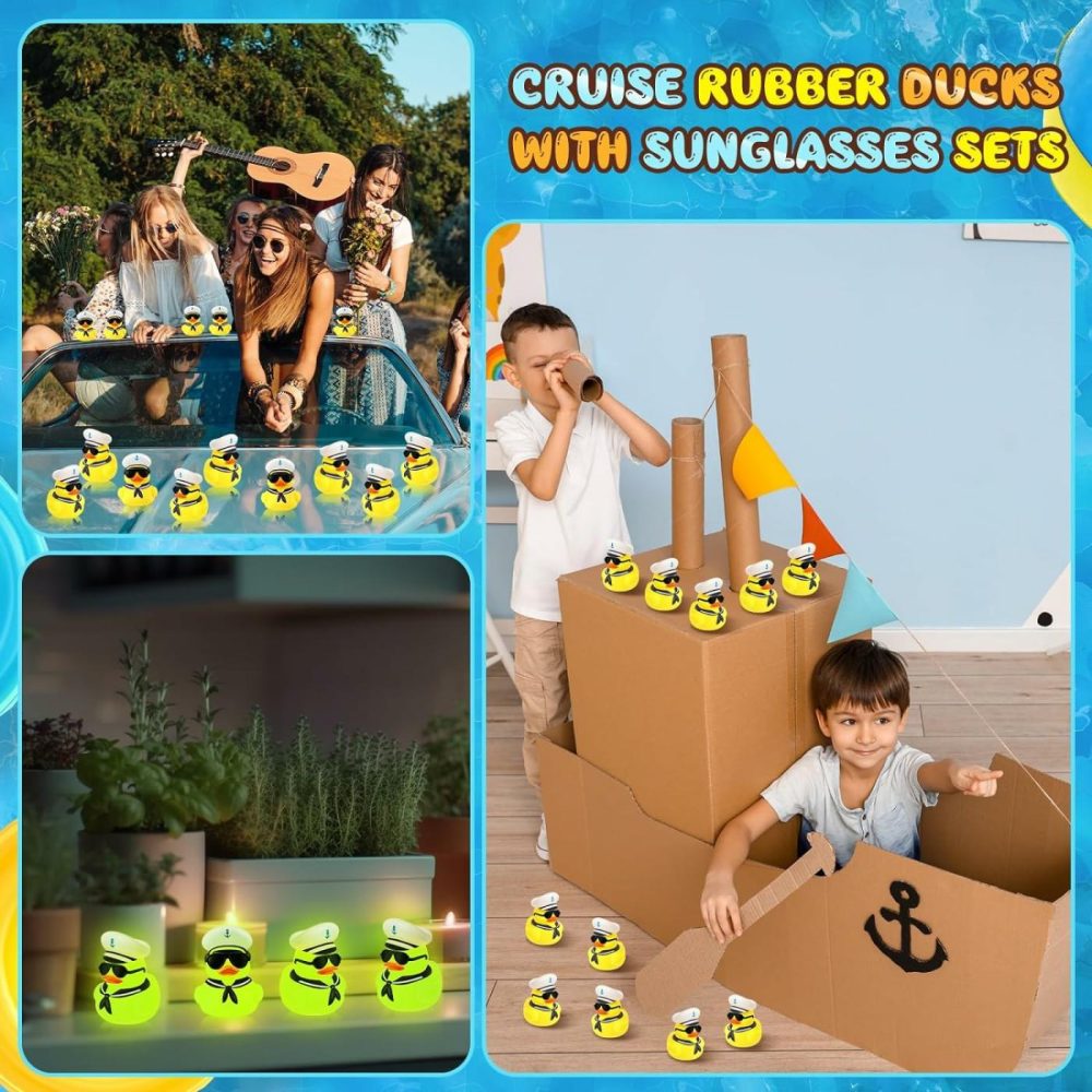 24 Pcs Cruise Duck Glow In The Dark Bulk With Sunglasses Sets Tiny Sailing Rubber Ducks Squeaky Nautical Ship Toy Bath Floating Duckies For Birthday Party Favors Classroom Carnival  |  Bath Toys All Toys Bath Toys