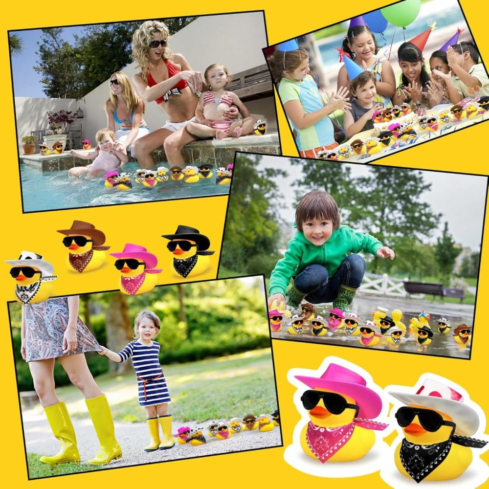 24 Sets Disco Cowboy Rubber Ducks With Scarf Hat And Sunglasses Mini Bath Duck Toys For Birthday Swimming Party Gift Favor Decorations  |  Bath Toys All Toys Bath Toys