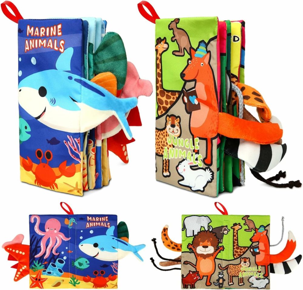 2Pcs Baby Books – Montessori Toys Cute Animal Theme Baby Cloth Books 6 To 12 Months  Soft Stuffed High Contrast Crinkle Infant Sensory Toys  Boys&Girls Kids Early Learning Gifts  |  Car Seat & Stroller Toys All Toys 2 Pack Baby Books