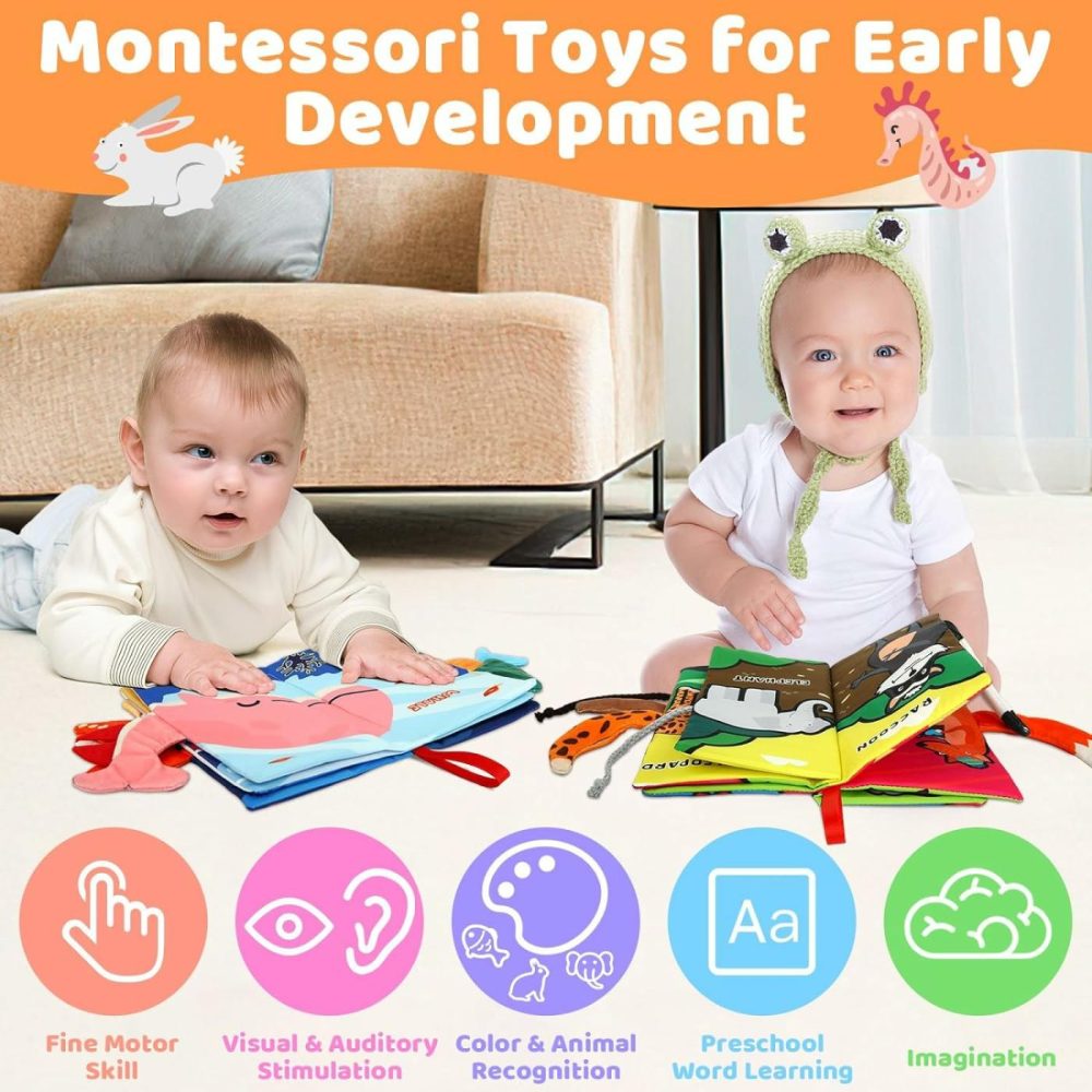 2Pcs Baby Books – Montessori Toys Cute Animal Theme Baby Cloth Books 6 To 12 Months  Soft Stuffed High Contrast Crinkle Infant Sensory Toys  Boys&Girls Kids Early Learning Gifts  |  Car Seat & Stroller Toys All Toys 2 Pack Baby Books