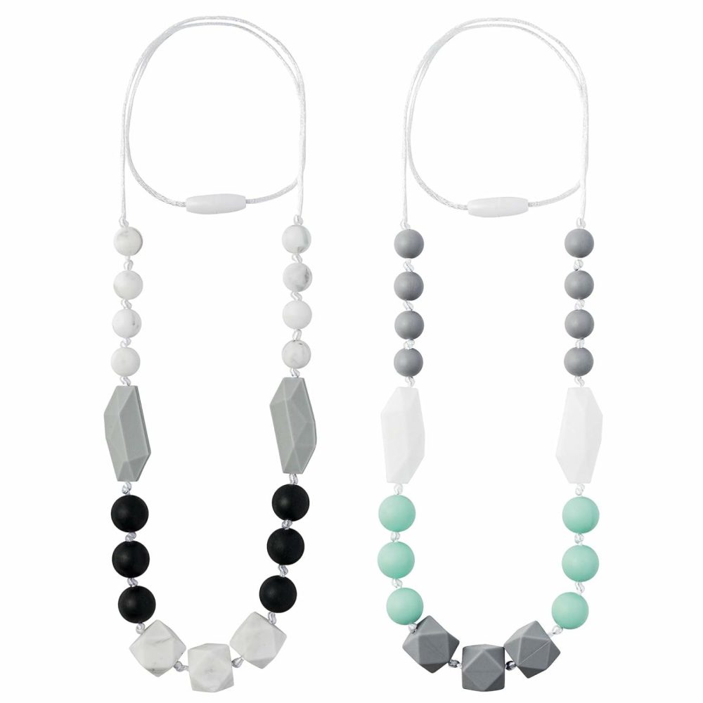 2Pcs Baby Teething Necklace For Mom To Wear  Babies Nursing Necklaces For Kids  Sensory Teether Toys For Toddlers Children Adults Baby Shower Birthday Gift (Green Grey Black)  |  Teethers All Toys Green Grey, Black