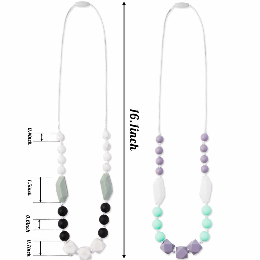 2Pcs Baby Teething Necklace For Mom To Wear  Babies Nursing Necklaces For Kids  Sensory Teether Toys For Toddlers Children Adults Baby Shower Birthday Gift (Green Grey Black)  |  Teethers All Toys Green Grey, Black