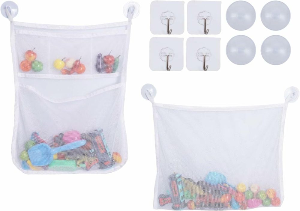 2Pcs Mesh Bath Toy Organizer Bags With Suckers & Hooks  Bathtub Toy Holder  Bath Toy Storage Net Bags For Toddlers & Kids Bathroom Storage  |  Bath Toys All Toys Bath Toys