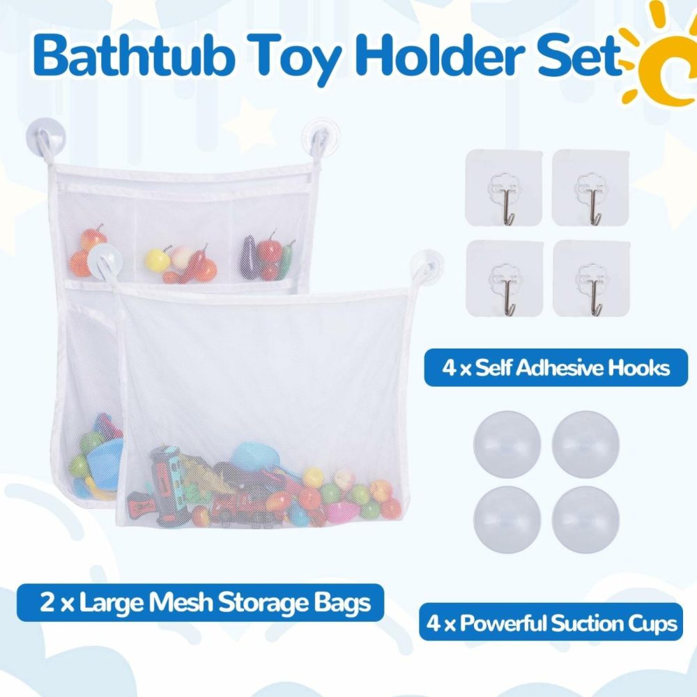 2Pcs Mesh Bath Toy Organizer Bags With Suckers & Hooks  Bathtub Toy Holder  Bath Toy Storage Net Bags For Toddlers & Kids Bathroom Storage  |  Bath Toys All Toys Bath Toys