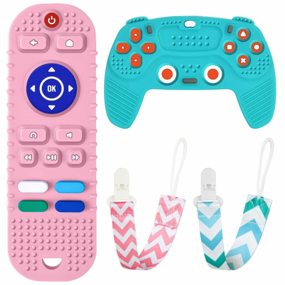 2Pcs Silicone Baby Teething Toys  Remote Control Shape Teething Toys And Game Controller Teether Toy With 2Pcs Pacifier Clip  Bpa Free Silicone Remote Teether For Baby 3+ Months,Frozen(Bule&Pink)  |  Teethers All Toys Bule&Pink