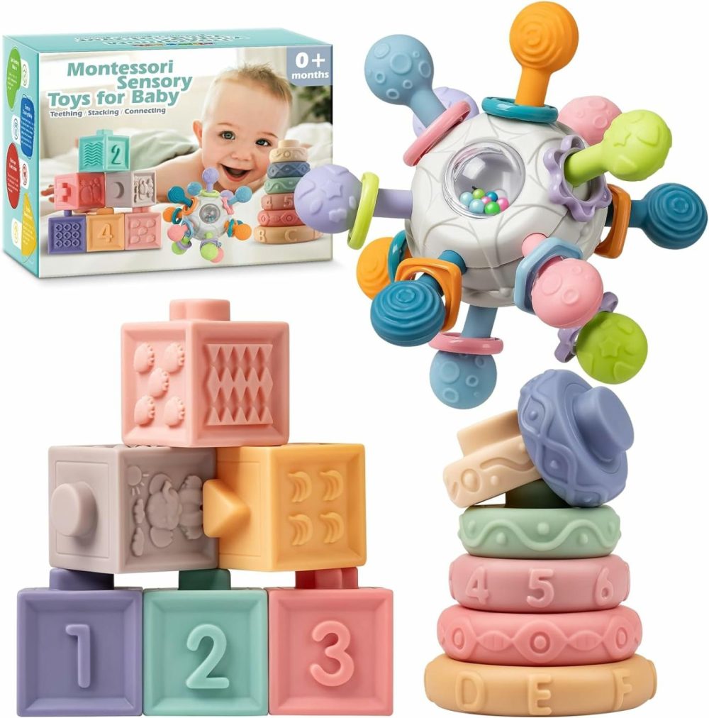 3 In 1 Montessori Toys For Babies 0-3-6-12 Months  Rattle Teether & Baby Blocks & Soft Stacking Rings  Sensory Developmental Education Toys,Gift For Toddler Baby 0-3-6-12-18 Months  |  Sorting & Stacking Toys All Toys Sorting & Stacking Toys