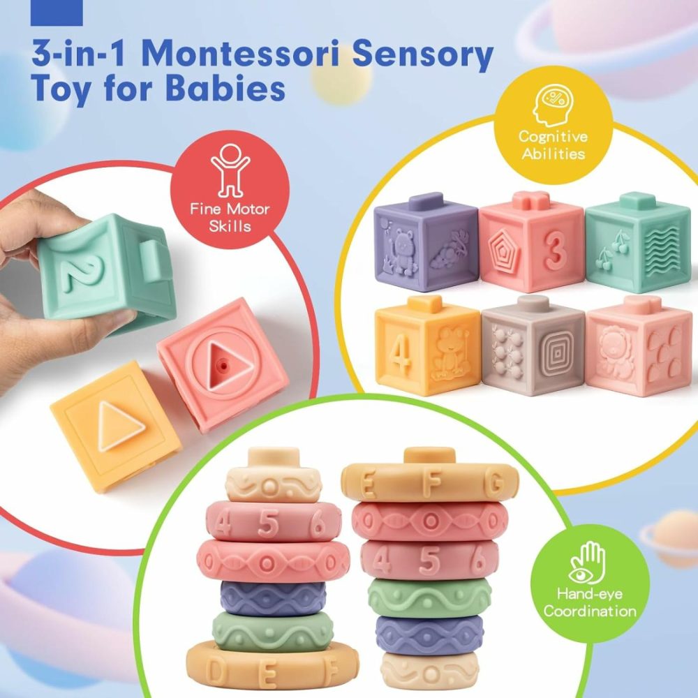 3 In 1 Montessori Toys For Babies 0-3-6-12 Months  Rattle Teether & Baby Blocks & Soft Stacking Rings  Sensory Developmental Education Toys,Gift For Toddler Baby 0-3-6-12-18 Months  |  Sorting & Stacking Toys All Toys Sorting & Stacking Toys