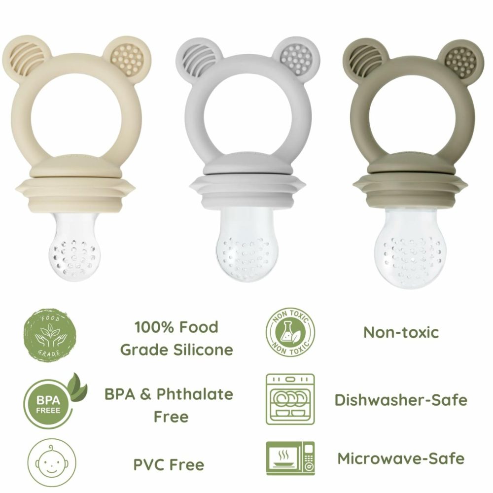 3 Pack Baby Fruit & Food Feeder Pacifier  Silicone Feeder Pacifier With 3 Sizes Pouches For Babies Toddlers Infants Kids  Bpa-Free Food Grade Soft Safe -Tan/Grey/Brown  |  Teethers All Toys Tan/Grey/Brown