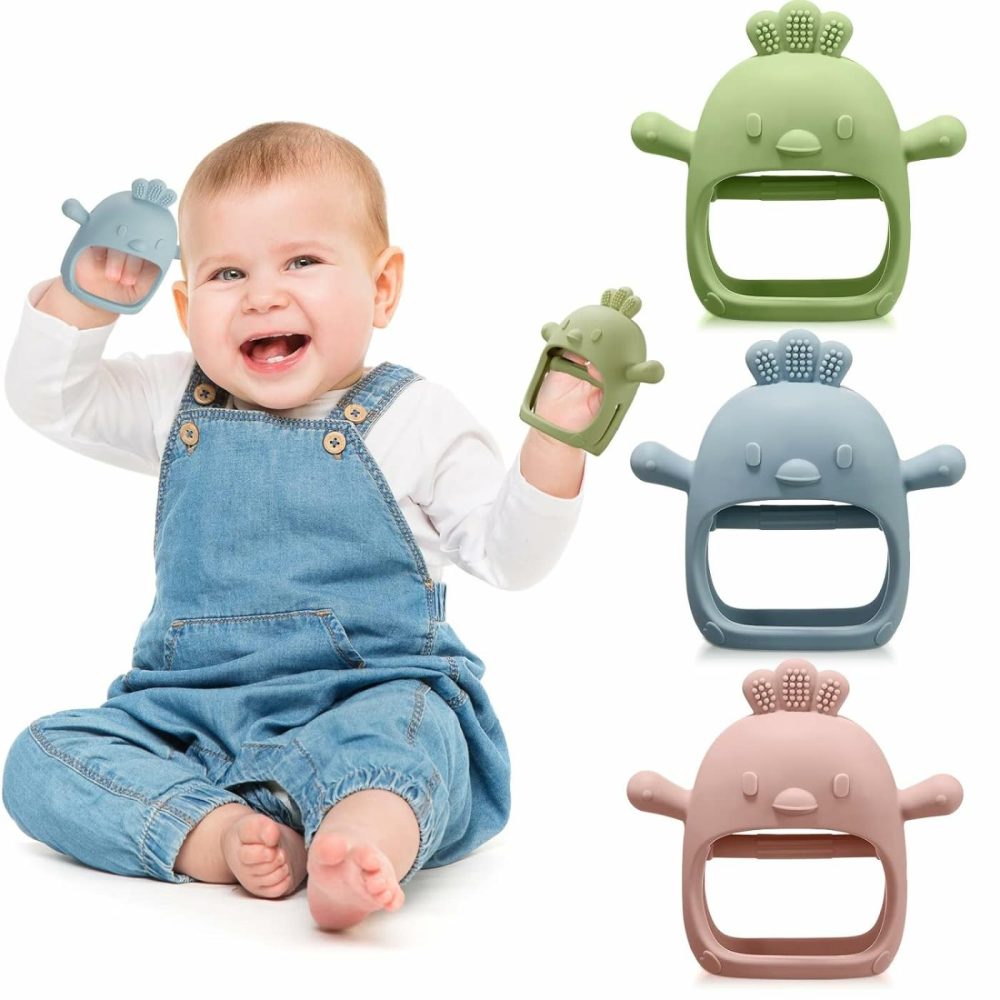 3 Pack Baby Teether Teething Toys For Babies 0-6 Months Baby Teething Toy Silicone Anti Dropping Infant Hand Teether Pacifiers Wrist Hand Chew Toys For Sucking Needs (Blue  Green  Flesh Pink  Chick)  |  Teethers All Toys Blue, Green, Flesh Pink