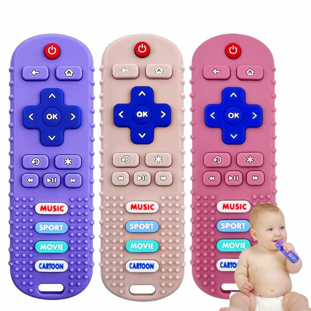 3 Pack Baby Teether Toys – Tv Remote Control Shape Silicone Toddler Teething Toys For Babies 6-12 Months (Pink&Khaki&Purple)  |  Teethers All Toys Pink&Khaki&Purple