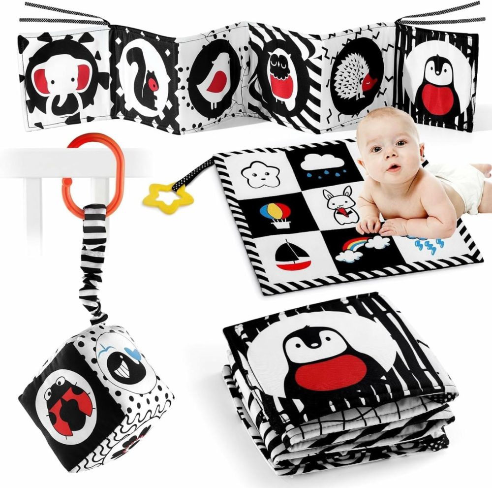 3 Pcs Black And White High Contrast Baby Toys 0-6 Months For Newborn  Babies Sensory Soft Book For Early Education  Infant Tummy Time Cloth Book Toys  Montessori Toys For Babies  |  Rattles & Plush Rings All Toys Rattles & Plush Rings