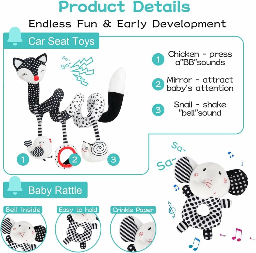 3 Pcs Car Seat Toys For Babies 0-6 Months，Black And White Baby Hanging Rattle Toys For Crib Mobile，High Contrast Baby Toys For Newborn Toys，Infant Sensory Toy Best Gift For 0-6 6-12Months  |  Rattles & Plush Rings All Toys Rattles & Plush Rings