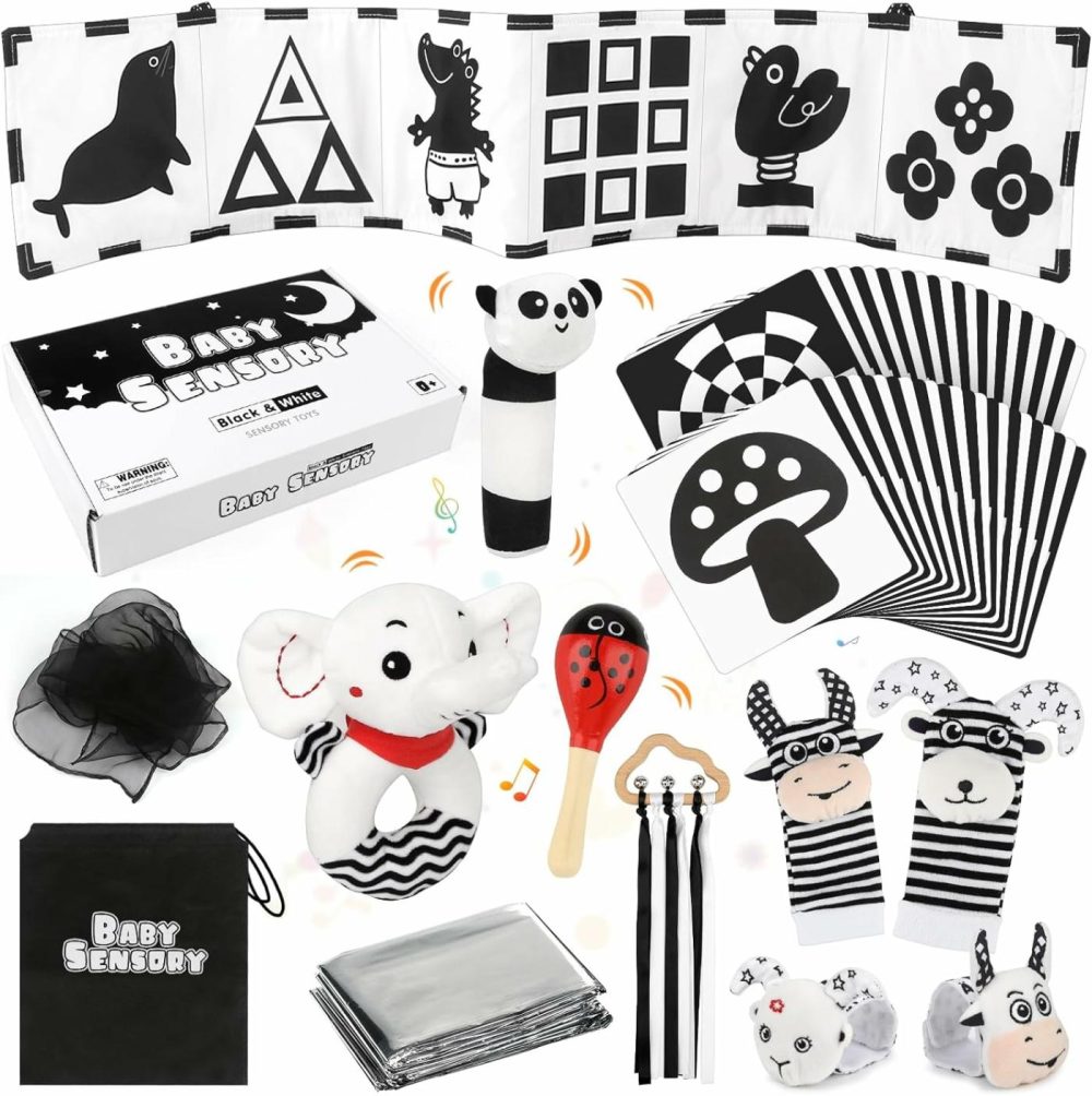 32 Pcs Black And White Sensory Toys For Babies,Montessori Toys For Babies,High Contrast Baby Toys For Toddlers Kids Early Learning Newborn Brain Development Toys Baby Gifts  |  Rattles & Plush Rings All Toys Rattles & Plush Rings