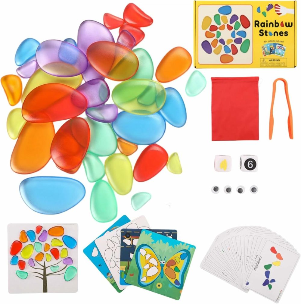 36 Pcs Translucent Rainbow Pebbles,Rainbow Stones,Light Table Manipulatives Preschool,Light Table Accessories  Includes 24 Activity Cards  |  Sorting & Stacking Toys All Toys Sorting & Stacking Toys