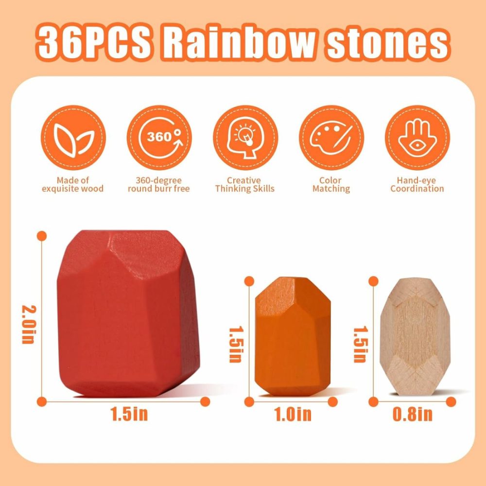 36 Pcs Wooden Sorting Stacking Rocks Stones Montessori Blocks Sensory Bin Toys Balancing Stones Preschool Learning Educational For Kids 3 Years Up  |  Sorting & Stacking Toys All Toys 36pcs