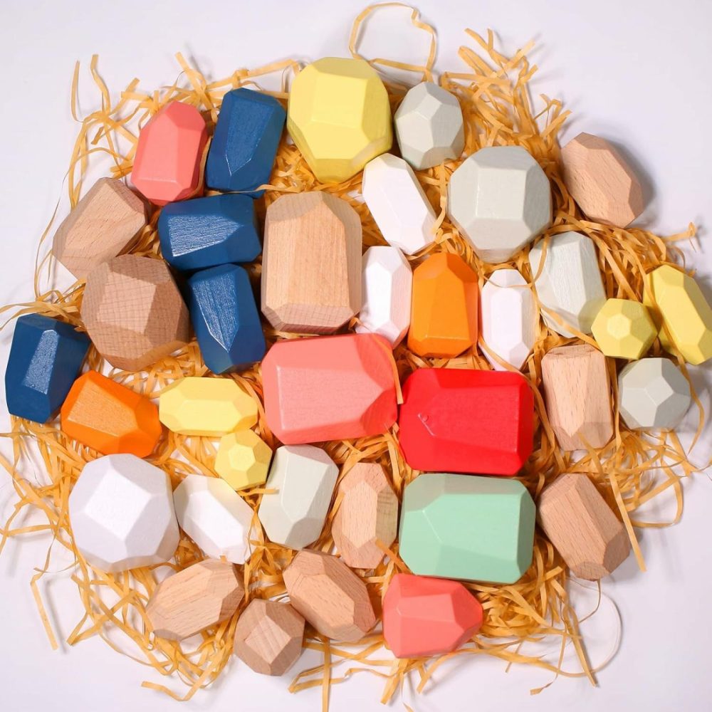 36 Pcs Wooden Sorting Stacking Rocks Stones Montessori Blocks Sensory Bin Toys Balancing Stones Preschool Learning Educational For Kids 3 Years Up  |  Sorting & Stacking Toys All Toys 36pcs