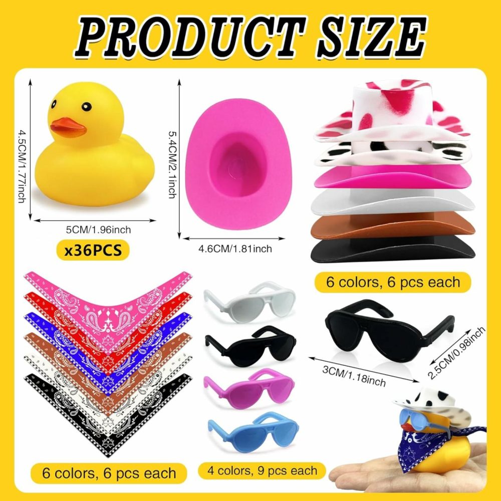 36 Sets Cowboy Ducks With Mini Hat Scarf And Sunglasses Mini Bath Duck Toys For Birthday Swimming Party Gift Favor Decorations  |  Bath Toys All Toys Bath Toys