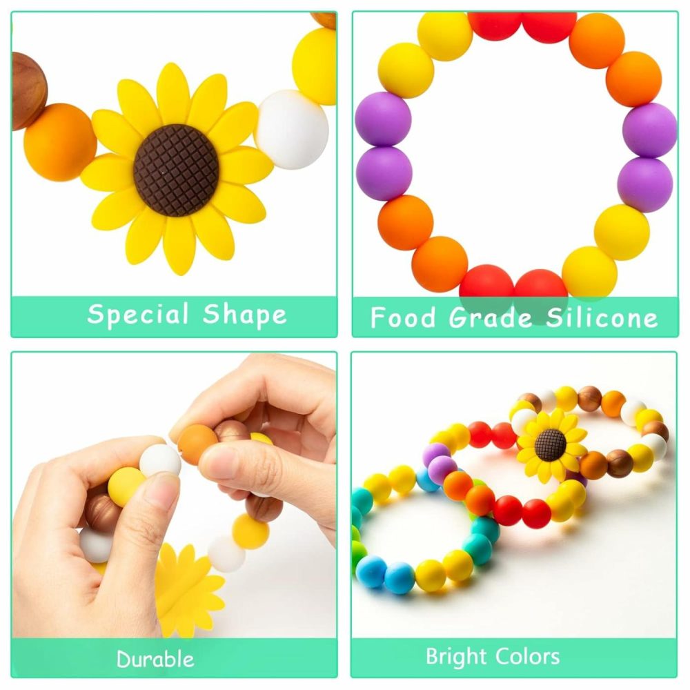 3Pcs Sensory Chew Bracelet For Kids Silicone Teething Beads Ring For Toddler Baby Yellow Sunflower Chewable Biting Jewelry Toys For Autism Adhd Spd Oral Motor Nursing Grasping  |  Teethers All Toys Teethers