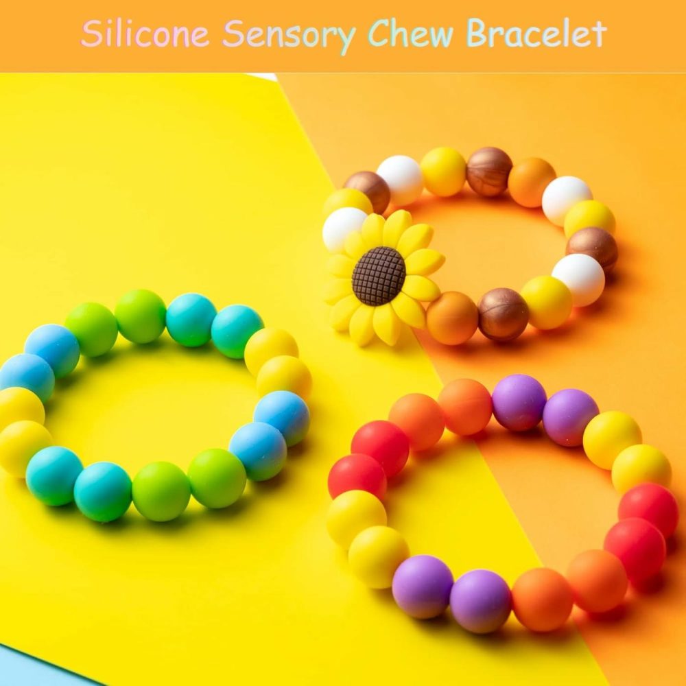 3Pcs Sensory Chew Bracelet For Kids Silicone Teething Beads Ring For Toddler Baby Yellow Sunflower Chewable Biting Jewelry Toys For Autism Adhd Spd Oral Motor Nursing Grasping  |  Teethers All Toys Teethers